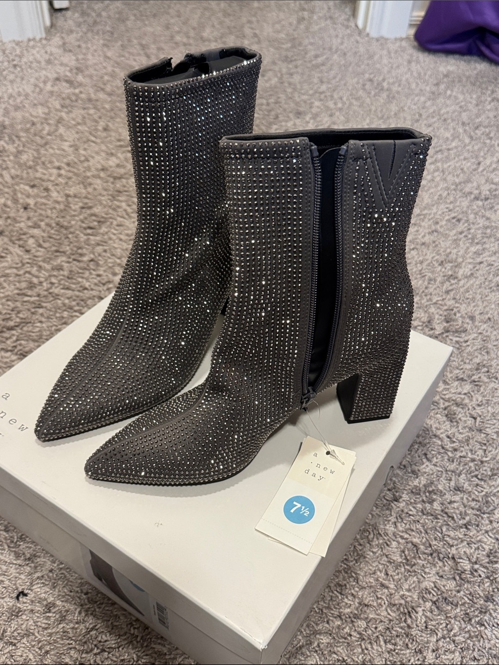 a new day Black Rhinestone Embellished Pointed Toe Block Heel Ankle Boots
